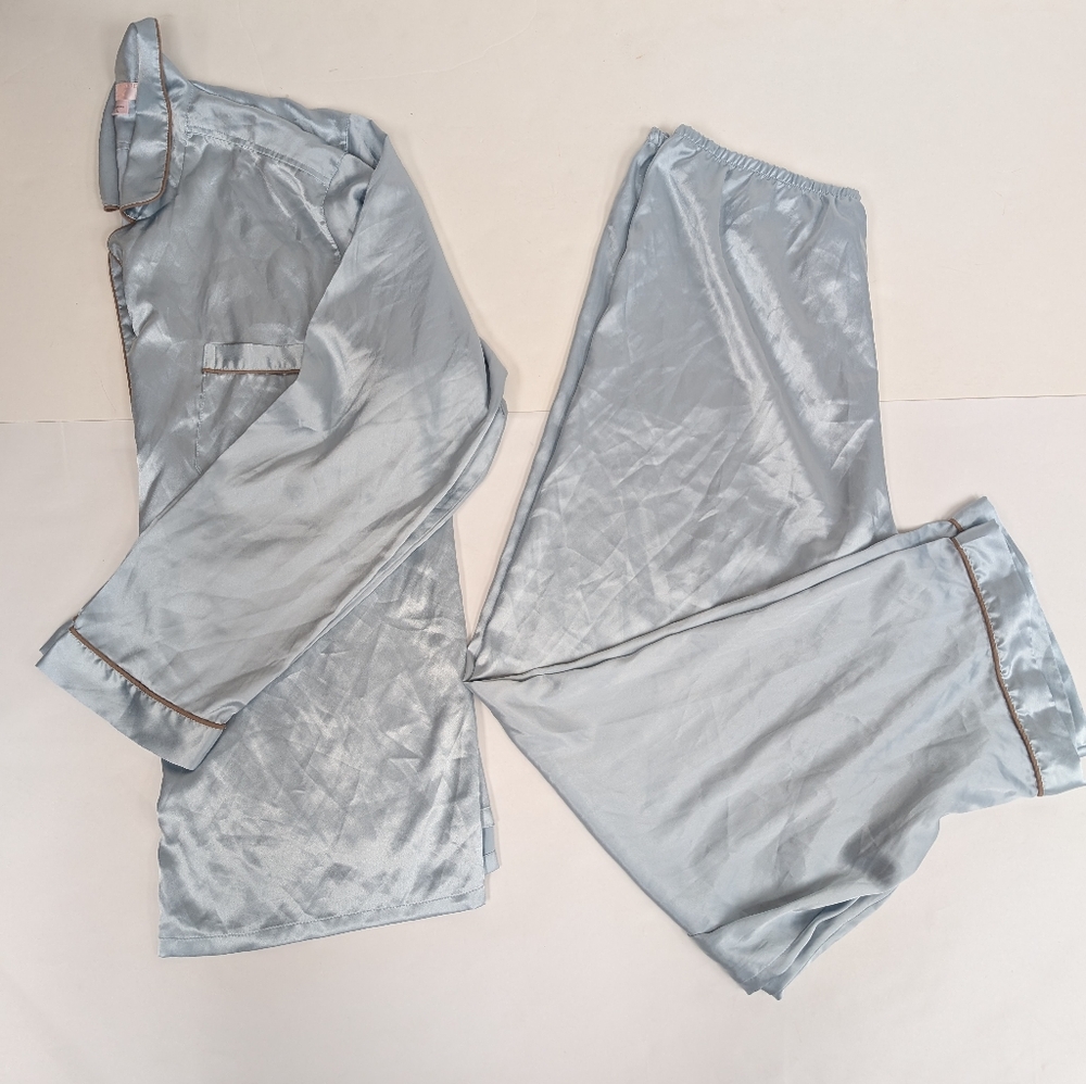 Victoria Secret Angels Baby Blue Glazed Satin Pajamas Set Large [75]